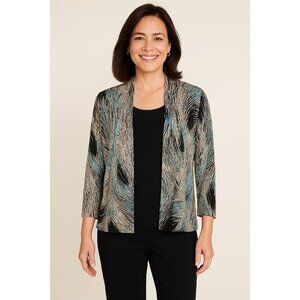 JM Collection Cardigan Set Peacock Print Petite X-large Blue Black Preppy Office